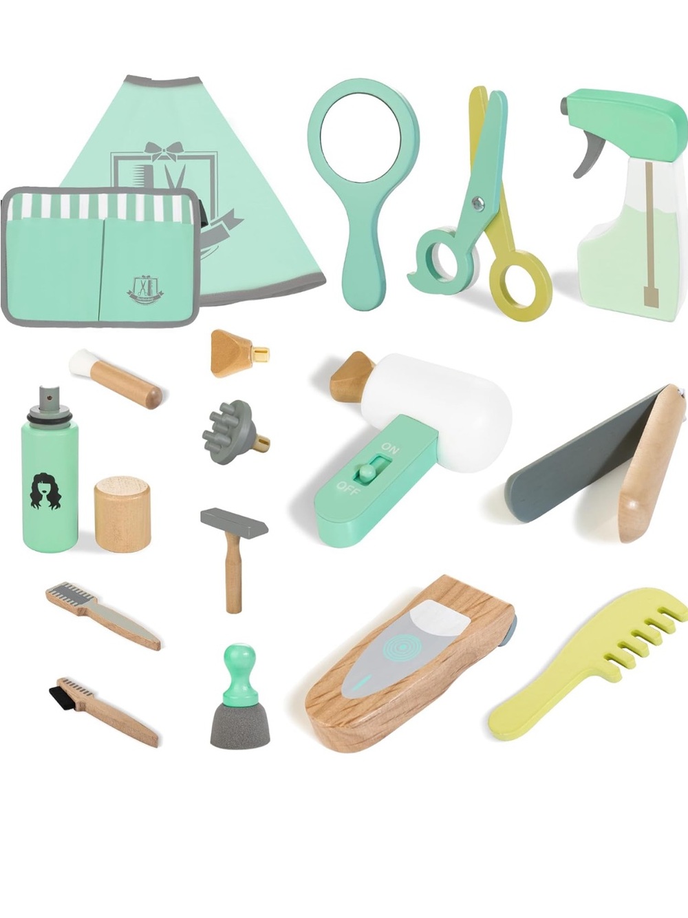 Barber Pretend Play Kit - Mint Green Wooden Set